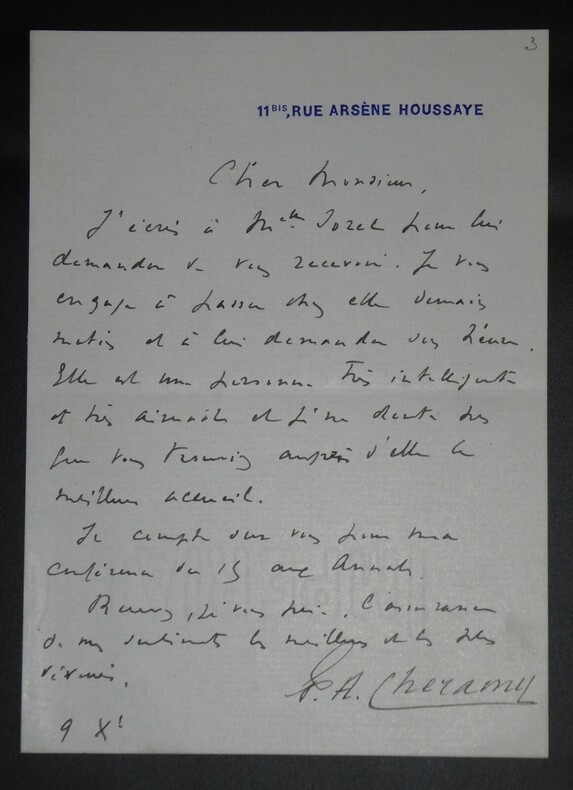 LETTRE AUTOGRAPHE SIGNEE. Auguste Paul Arthur Ch&eacute;ramy