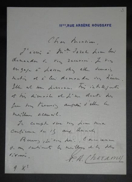 LETTRE AUTOGRAPHE SIGNEE. Auguste Paul Arthur Ch&eacute;ramy