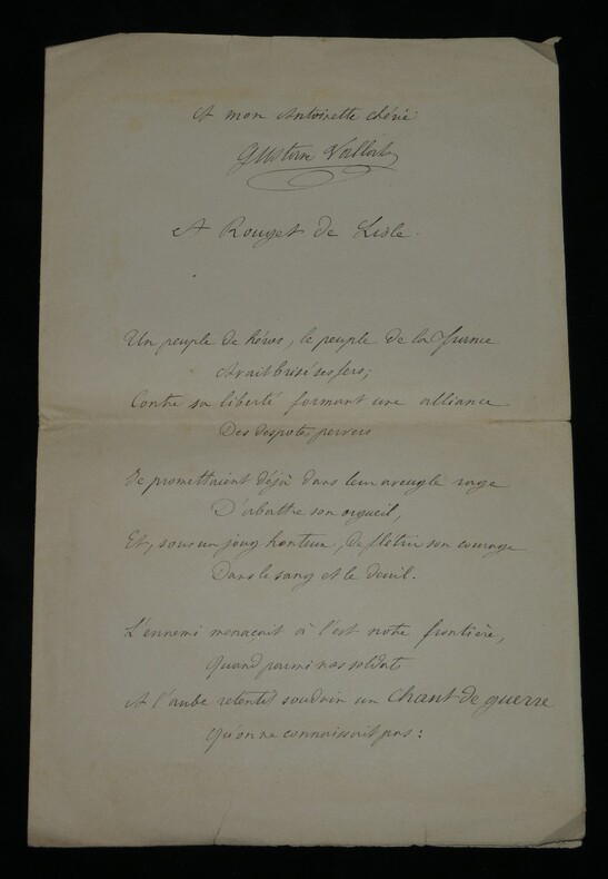 Gustave Vallat - Po&egrave;me autographe sign&eacute; - hommage &agrave; Rouget de Lisle - 1882. Gustave Vallat