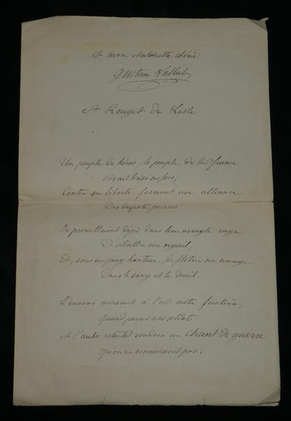 Gustave Vallat - Po&egrave;me autographe sign&eacute; - hommage &agrave; Rouget de Lisle - 1882. Gustave Vallat
