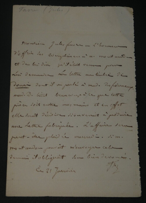 Jules FAVRE, Avocat - LETTRE AUTOGRAPHE SIGN&Eacute;E. Jules FAVRE