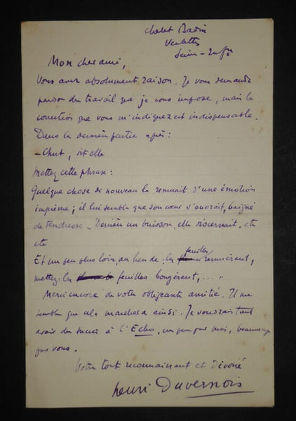 LETTRE AUTOGRAPHE SIGN&Eacute;E, &Agrave; PROPOS D'UN MANUSCRIT &Agrave; MODIFIER. DUVERNOIS Henri