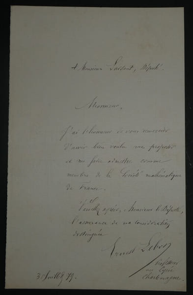 Ernest LEBON, Math&eacute;maticien - LETTRE AUTOGRAPHE SIGN&Eacute;E A C.A. LAISANT, 1879. Ernest LEBON