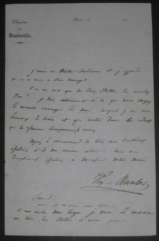 ANCELOT Virginie - LETTRE AUTOGRAPHE SIGNEE - PARIS, TH&Eacute;&Acirc;TRE DE VAUDEVILLE. Virginie Ancelot
