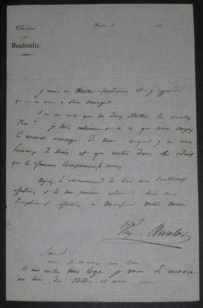 ANCELOT Virginie LETTRE AUTOGRAPHE SIGNEE PARIS, THE&Acirc;TRE DE VAUDEVILLE. Virginie ANCELOT