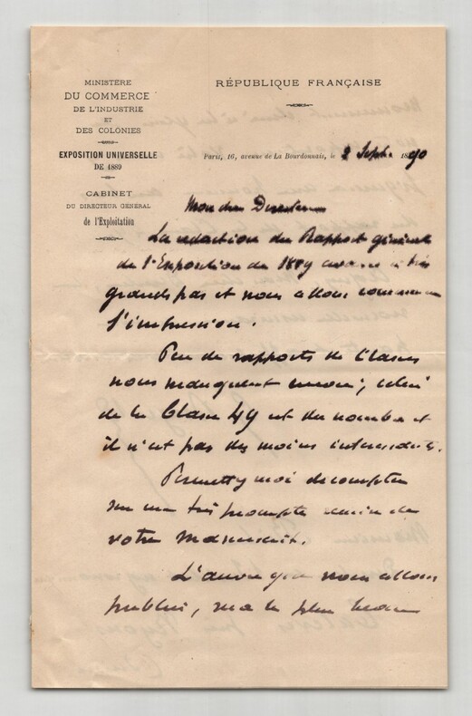 Paul Georges Louis Berger - Lettre autographe sign&eacute;e &agrave; Mr Risler - 1890. Paul Georges Louis Berger