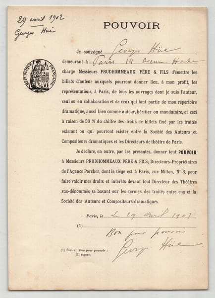 Pouvoir sign&eacute; par Georges H&uuml;e – Collection coh&eacute;rente 24 auteurs & musiciens. Georges H&uuml;e