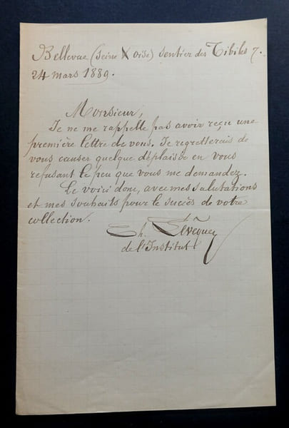 LETTRE AUTOGRAPHE SIGN&Eacute;E, REPONSE A UNE DEMANDE, BELLEVUE 1889. Charles L&eacute;v&ecirc;que