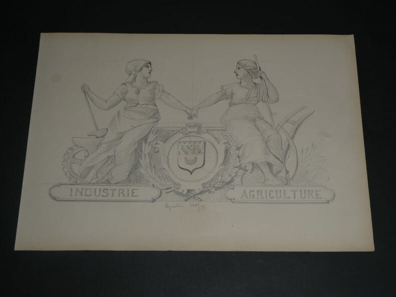 Dessin au crayon, fin XIX&egrave;me, Garret, Exposition 1889, Industrie et Agriculture, deux femmes se donnent la main. Garret
