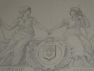 Dessin au crayon, fin XIX&egrave;me, Garret, Exposition 1889, Industrie et Agriculture, deux femmes se donnent la main. Garret