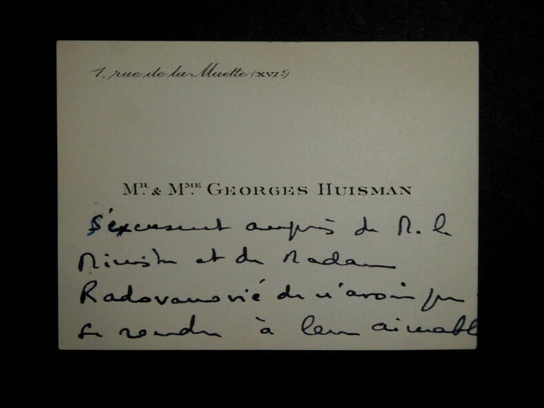 HUISMAN Georges - CARTE DE VISITE AUTOGRAPHE SIGN&Eacute;E &Agrave; Marko RISTIC. Georges Huisman