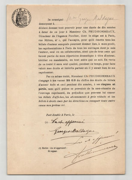 Pouvoir sign&eacute; Georges Maldague – Collection coh&eacute;rente de 50 auteurs & musiciens. Georges Maldague (pseudonyme de Jos&eacute;phine Maldague)