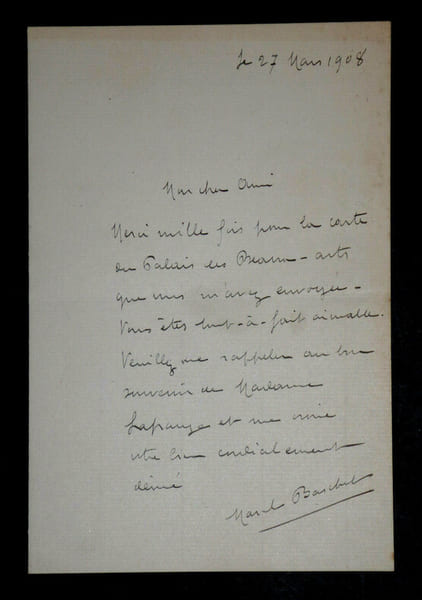 LETTRE AUTOGRAPHE SIGN&Eacute;E, 27 mars 1908. Marcel Baschet