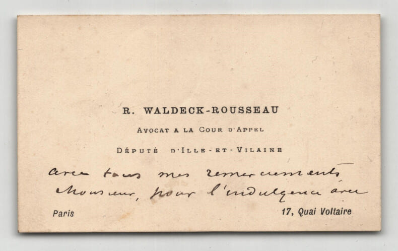 Pierre Waldeck-Rousseau - Carte de visite autographe sign&eacute;e. Pierre Waldeck-Rousseau