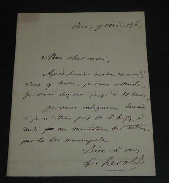 Ferdinand H&Eacute;ROLD, Homme politique - LETTRE AUTOGRAPHE SIGN&Eacute;E 1876 PARIS. Ferdinand H&Eacute;ROLD