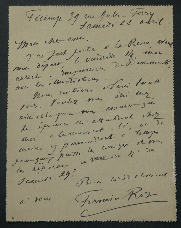 Firmin ROZ, Enseignant - LETTRE AUTOGRAPHE SIGN&Eacute;E A Alexis REDIER, F&eacute;camp, 1922. Firmin ROZ