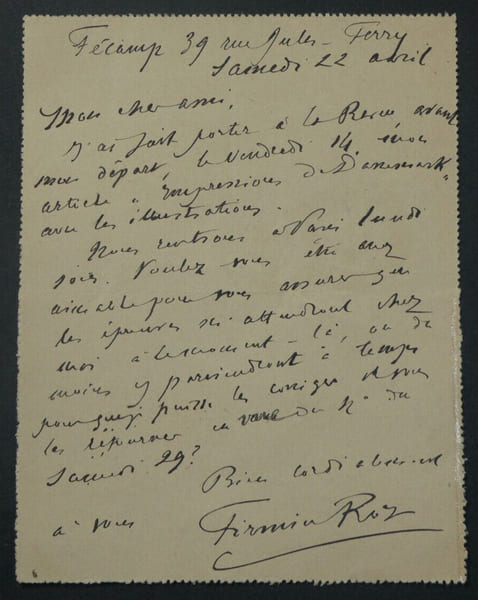 Firmin ROZ, Enseignant - LETTRE AUTOGRAPHE SIGN&Eacute;E A Alexis REDIER, F&eacute;camp, 1922. Firmin ROZ
