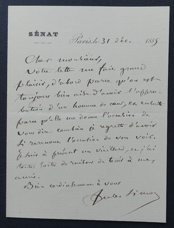 Jules SIMON, Philosophe et homme d'&Eacute;tat - LETTRE AUTOGRAPHE SIGN&Eacute;E, 1885. Jules SIMON