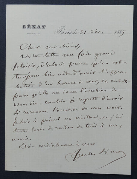 Jules SIMON, Philosophe et homme d'&Eacute;tat - LETTRE AUTOGRAPHE SIGN&Eacute;E, 1885. Jules SIMON