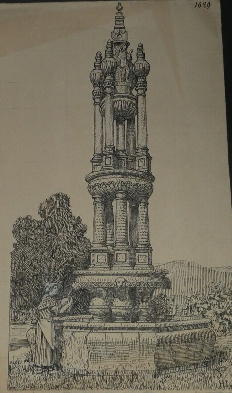 Dessin original sign&eacute; - Fontaine du ch&acirc;teau de Sauveboeuf (Dordogne) - Fin XVIe si&egrave;cle. Louis Henri Laffill&eacute;e