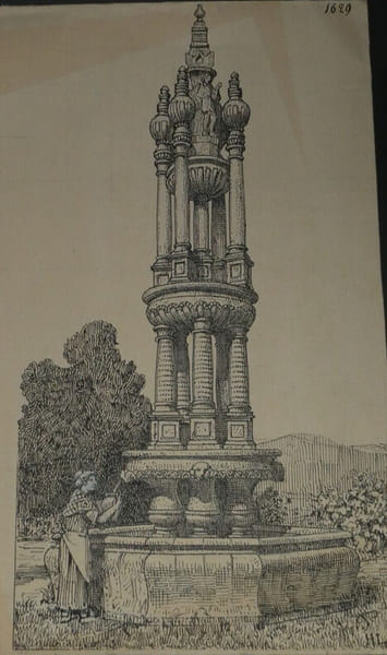 Dessin original sign&eacute; - Fontaine du ch&acirc;teau de Sauveboeuf (Dordogne) - Fin XVIe si&egrave;cle. Louis Henri Laffill&eacute;e