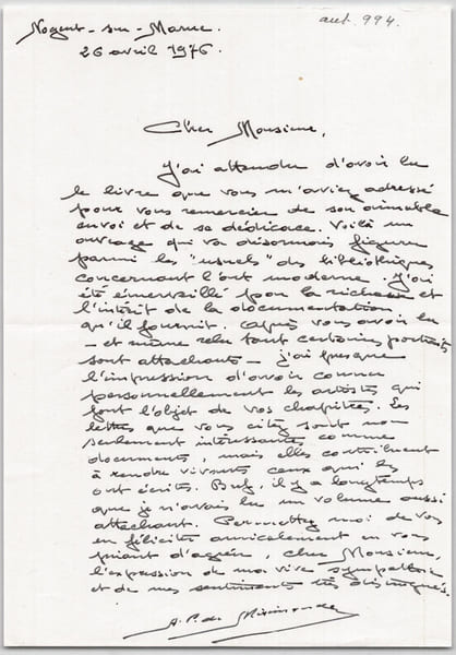 Albert P. de Miromonde, Lettre autographe sign&eacute;e remerciement livre 1976. Albert P. de Miromonde