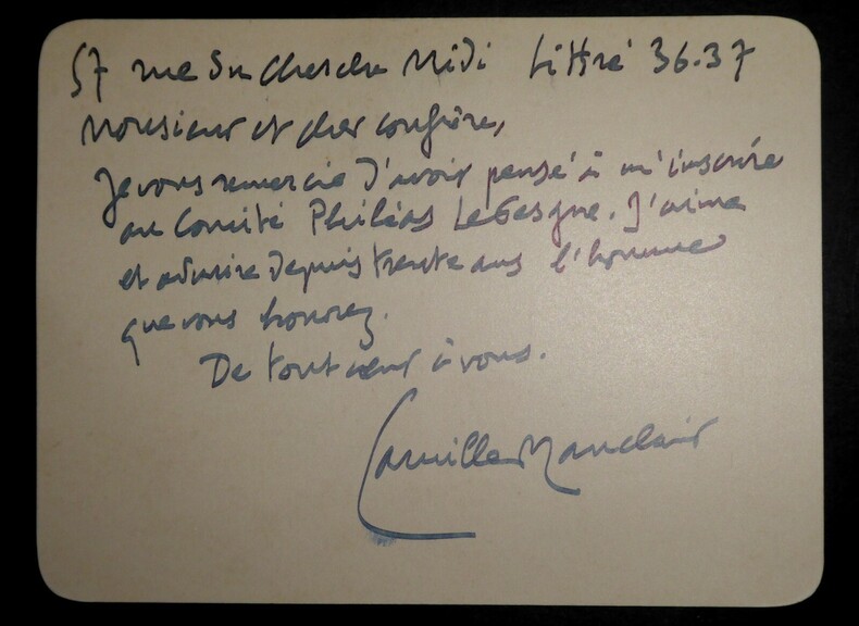 LETTRE AUTOGRAPHE SIGN&Eacute;E, COMIT&Eacute; PHILEAS LEBESGUE. Camille Mauclair