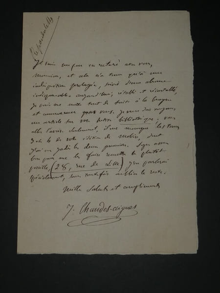 Lettre autographe sign&eacute;e concernant un article. Jacques-Germain CHAUDES-AIGUES