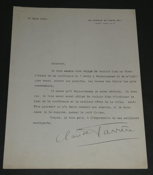 Claude FARR&Egrave;RE Lettre tapuscrit autographe sign&eacute;e de 1923 1 page. Claude FARR&Egrave;RE