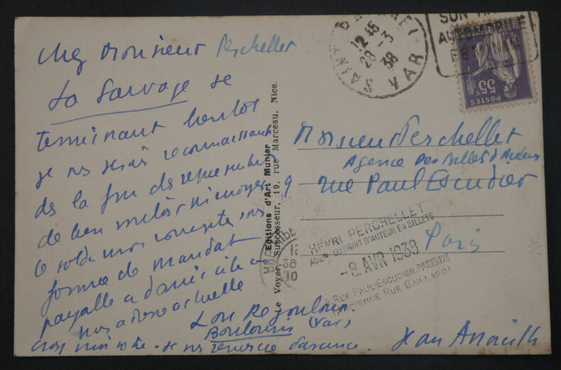 Jean ANOUILH - Carte postale autographe sign&eacute;e adress&eacute;e &agrave; Mr PERCHELLET, 28 mars 1938 - La Sauvage. Jean ANOUILH