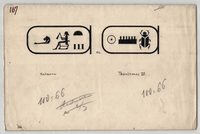 Dessin original - Cartouches Reine Hatassou & Thoutm&egrave;s III - vers 1930. Louis Henri Laffill&eacute;e