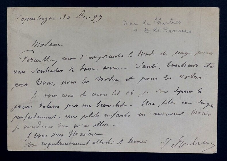 Robert d'ORL&Eacute;ANS, duc de Chartres - Carte postale autographe sign&eacute;e, 1899. Robert d'ORL&Eacute;ANS, duc de CHARTRES