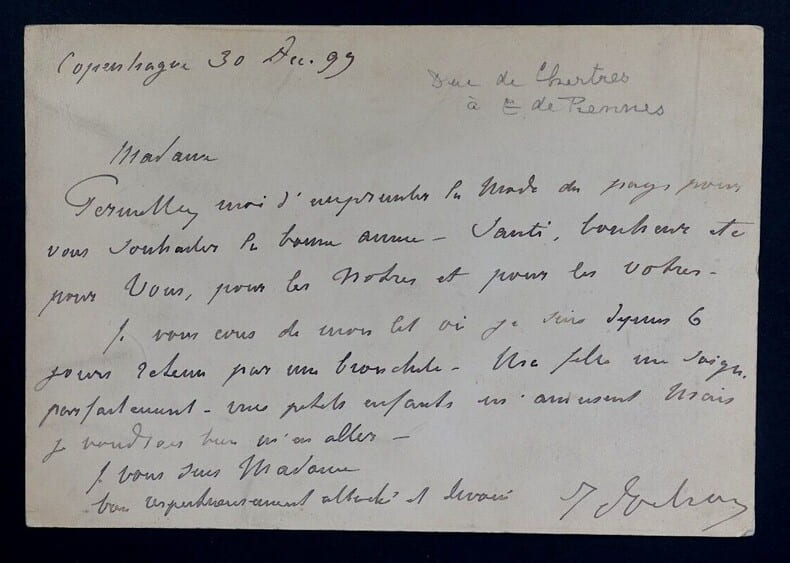 Robert d'ORL&Eacute;ANS, duc de Chartres - Carte postale autographe sign&eacute;e, 1899. Robert d'ORL&Eacute;ANS, duc de CHARTRES