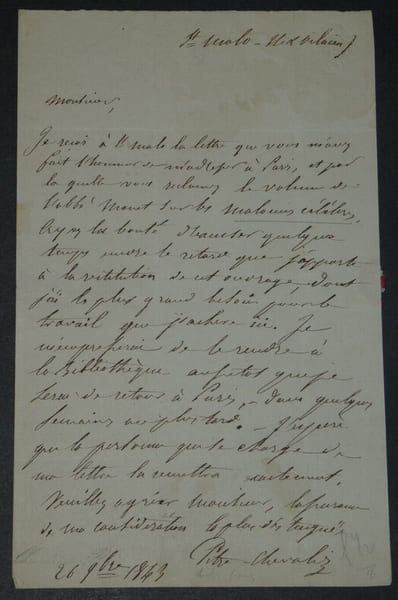 Pitre-Chevalier Lettre autographe sign&eacute;e &agrave; Charles Magnin Biblioth&egrave;que Royale. Pierre-Michel-Fran&ccedil;ois Chevalier (Pitre-Chevalier)