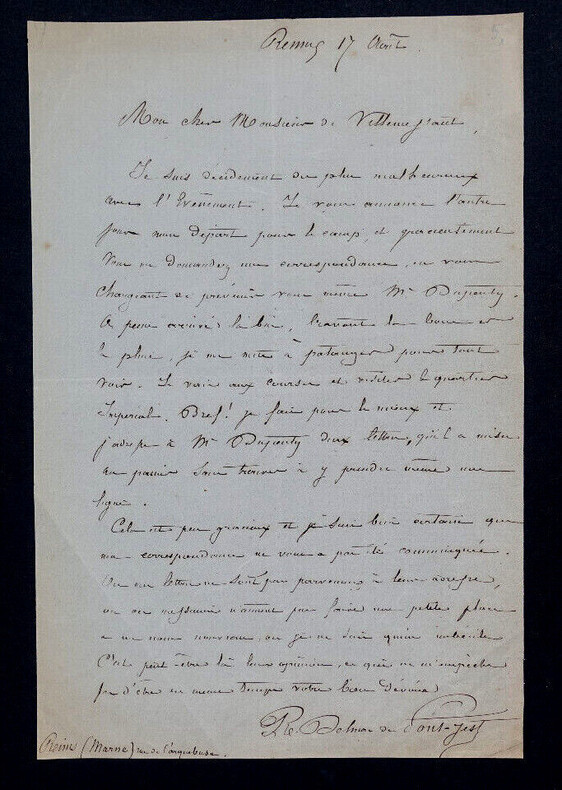 LETTRE AUTOGRAPHE SIGN&Eacute;E. Louis-Ren&eacute; de PONT-JEST (R&eacute;my L&eacute;on DELMAS)