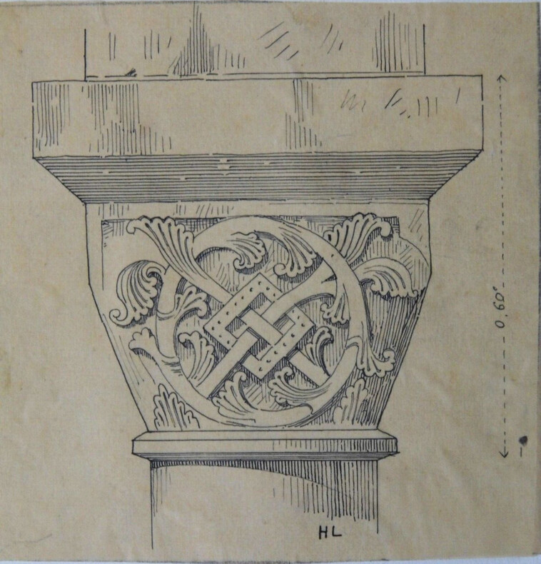 Chapiteaux &eacute;pannel&eacute;s et sculpt&eacute;s - Dessin original sign&eacute;. Louis Henri Laffill&eacute;e