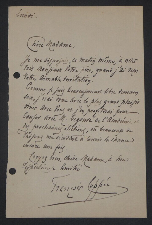 Fran&ccedil;ois COPP&Eacute;E, Po&egrave;te - LETTRE AUTOGRAPHE SIGN&Eacute;E. Fran&ccedil;ois COPP&Eacute;E