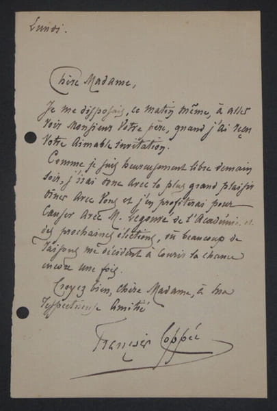 Fran&ccedil;ois COPP&Eacute;E, Po&egrave;te - LETTRE AUTOGRAPHE SIGN&Eacute;E. Fran&ccedil;ois COPP&Eacute;E