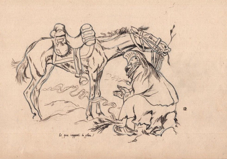 Dessin &agrave; l'encre et au crayon bleu d'un soldat et son maigre cheval. 