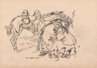 Dessin &agrave; l'encre et au crayon bleu d'un soldat et son maigre cheval. 