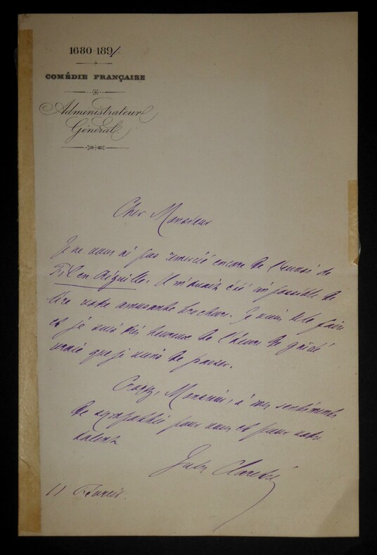 CLARETIE Jules - Lettre autographe sign&eacute;e, Administrateur G&eacute;n&eacute;ral Com&eacute;die Fran&ccedil;aise, 1891. Jules Claretie