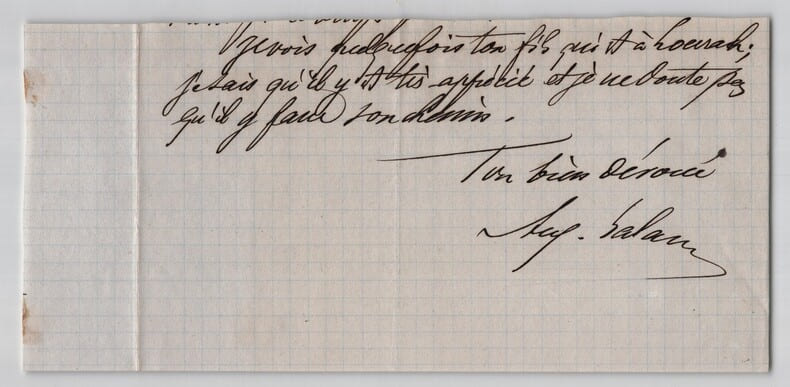 Auguste Lalance - Fragment de lettre autographe sign&eacute;. Auguste Lalance