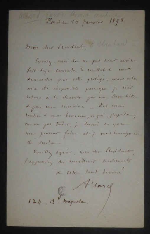 ALLARD Paul - LETTRE AUTOGRAPHE SIGNEE, PARIS, 1893. Paul Allard