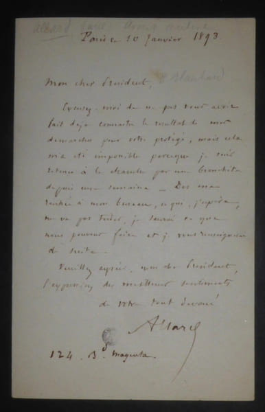 ALLARD Paul - LETTRE AUTOGRAPHE SIGNEE, PARIS, 1893. Paul Allard