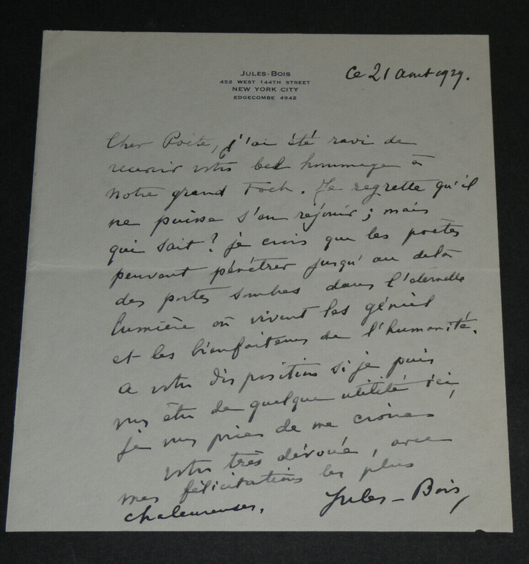 Jules Bois - Lettre autographe sign&eacute;e &agrave; Armand Godoy - Foch - 1929. Jules Bois
