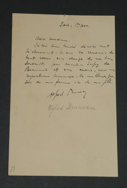 Alfred Bruneau - Lettre autographe sign&eacute;e de remerciement. Alfred Bruneau