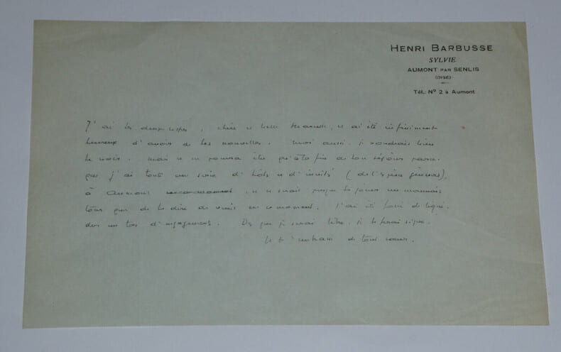 Henri BARBUSSE , &eacute;crivain - LETTRE AUTOGRAPHE, AUMONT-PAR-SENLIS. Henri BARBUSSE