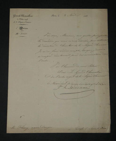 Joseph C&eacute;sar Michault de Saint Mars - LETTRE AUTOGRAPHE SIGN&Eacute;E, L&eacute;gion d'honneur. Joseph C&eacute;sar Michault de Saint Mars