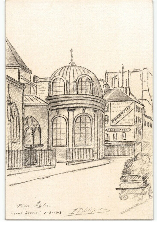 Dessin au crayon, &Eacute;glise Saint-Laurent, Paris par E. Phelipeau, 7 mars 1912. E. Phelipeau