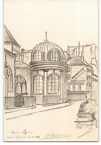 Dessin au crayon, &Eacute;glise Saint-Laurent, Paris par E. Phelipeau, 7 mars 1912. E. Phelipeau